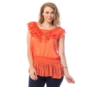 7Colors Ladies Sheer Ruffle Top Smocked-Drop-Waist Back-Tie Orange Size 3XL NWT
